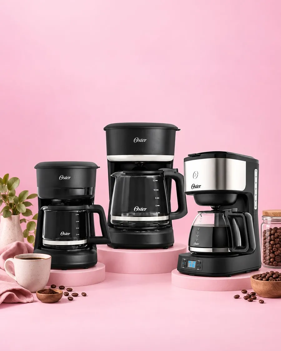 Cafeteras: Cafetera Oster de Goteo 5 Tazas Negra BVSTDCS51B-052, Cafetera Oster de Goteo Programable 12 Tazas Negra BVSTDCP121B-052 y Cafetera Oster Programable