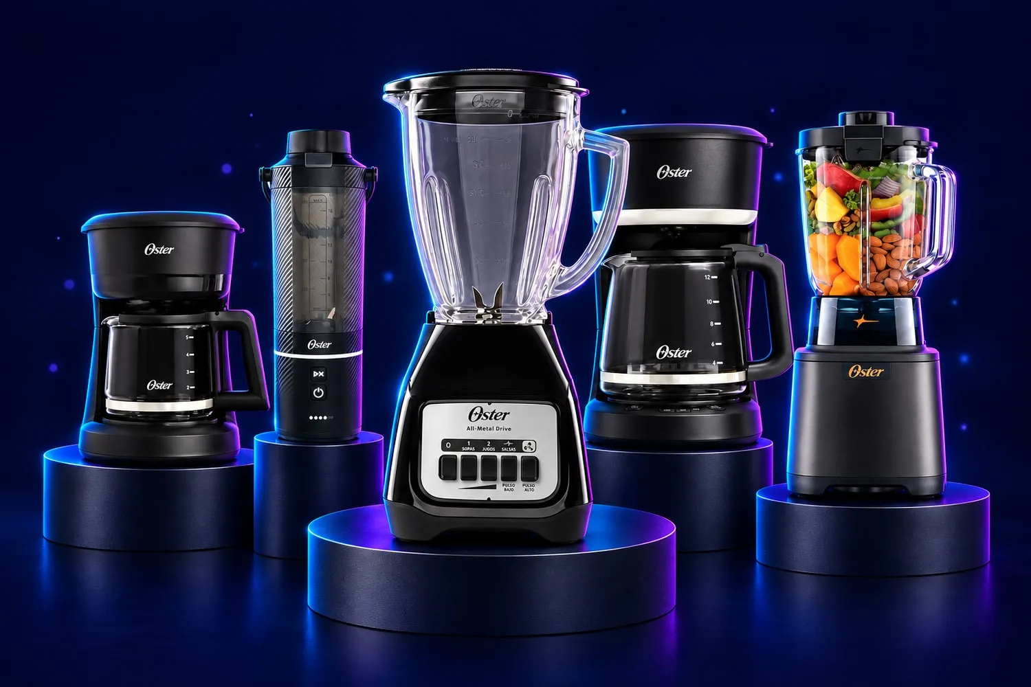 Oster en Booz: Licuadora Oster Negra con Teclas BLSTKAG-BPB-052, Cafetera Oster de Goteo 5 Tazas Negra BVSTDCS51B-052 y Licuadora Oster Portátil GoMAX 590 ml