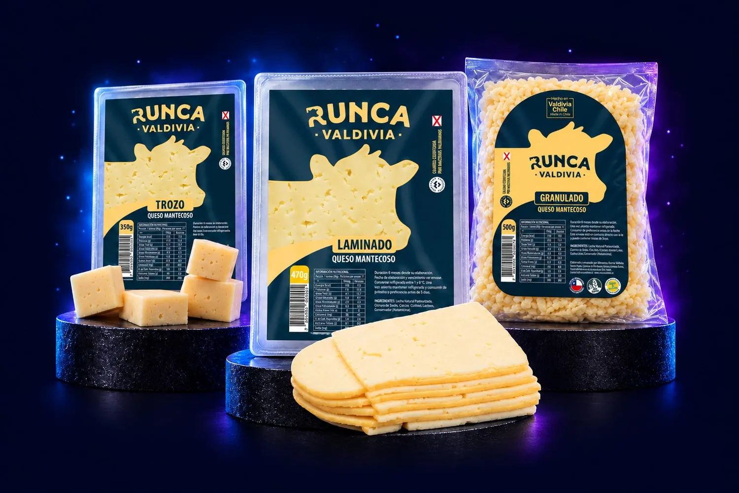 Runca en Booz: Queso Mantecoso Laminado Runca 470 grs., Queso Mantecoso Trozo Runca 350 grs. y Queso Mantecoso Granulado Runca 500 grs.
