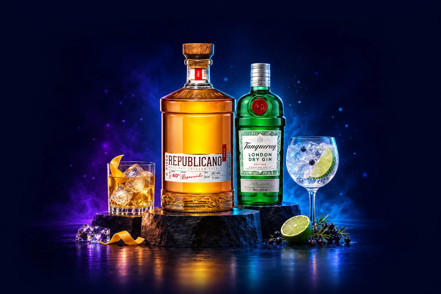 Combinados Perfectos 2026 en Booz: Pisco Republicano Añejado en Roble 750cc 40º alc. y Gin Tanqueray 700cc 43.1ºalc.