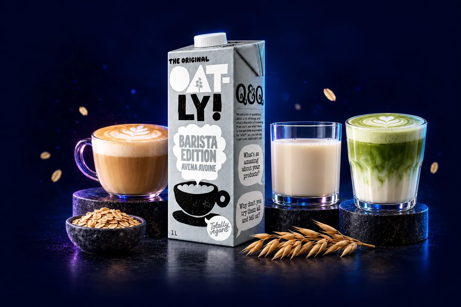 Oatly en Booz: Leche Vegetal De Avena Oatly Barista Edition 1 Lt junto a un latte y un matcha latte