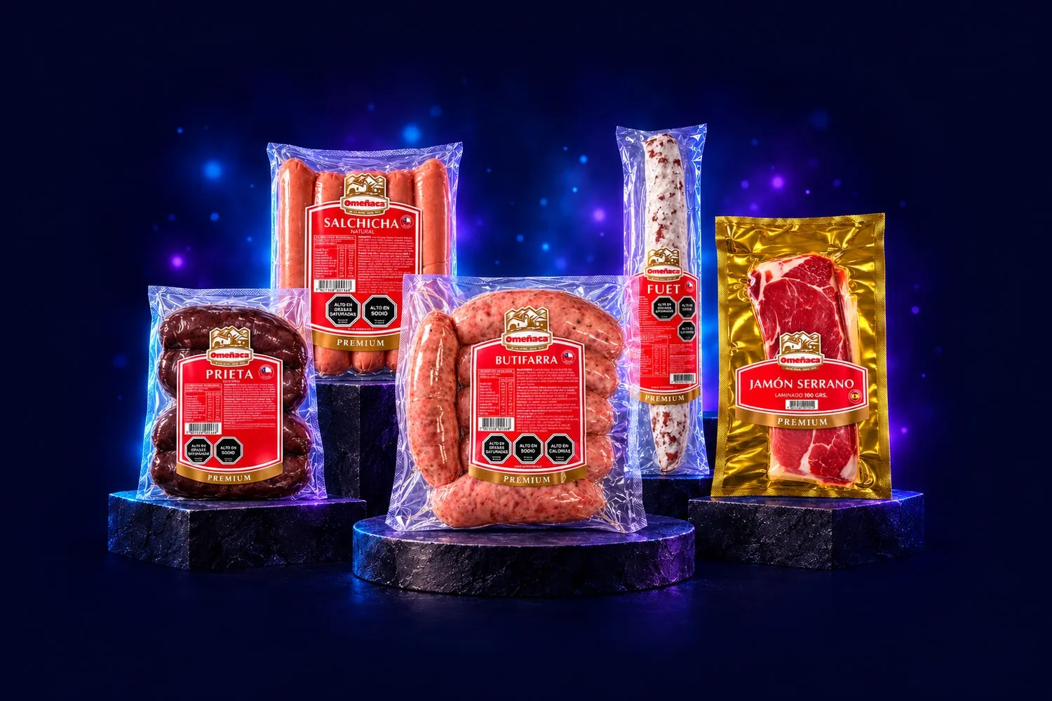 Omeñaca en Booz: Butifarra Omeñaca 500 grs., Fuet Omeñaca 180 grs. y Salchicha Natural Omeñaca 300 grs.